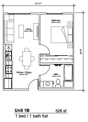 Floor plan for 1 bed, 1 bath, 526 sqft